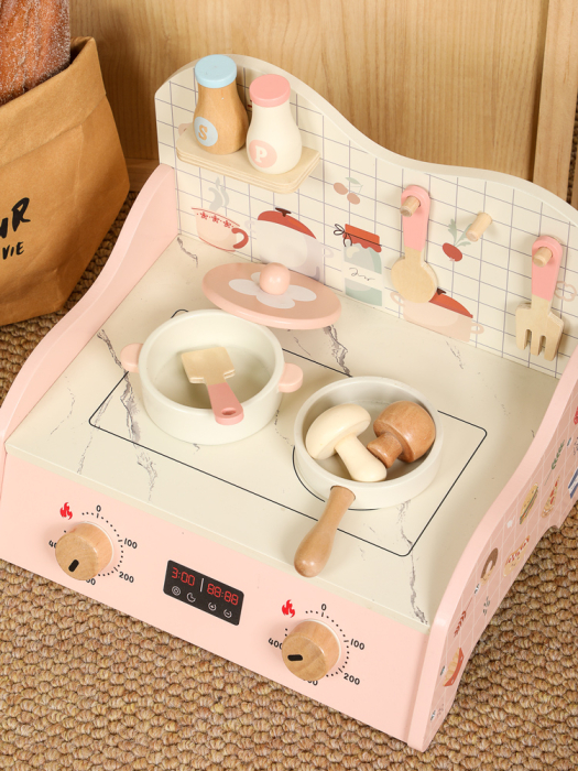 Mini-bucatarie de jucarie din lemn Montessori, de banc, plita interactiva cu butoane, oala, tigaie si accesorii incluse, Roz Pastel, 3 ani+ [3]
