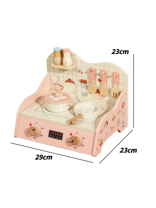 Mini-bucatarie de jucarie din lemn Montessori, de banc, plita interactiva cu butoane, oala, tigaie si accesorii incluse, Roz Pastel, 3 ani+ [4]