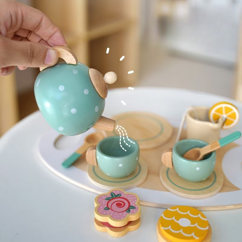 Set de ceai Montessori din lemn – jucărie educativă ecologică pentru copii, 15 piese pastel, [6]