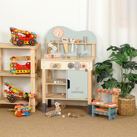Rol și imaginație - Banc de lucru din lemn pentru copii, Atelier Handyman Montessori, XL, cu unelte și accesorii de construcție, design modern, 3 ani+