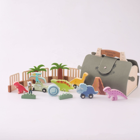 Montessori - Set de joacă din lemn Montessori, Parcul Dinozaurilor "Dino Park", circuit auto, figurine dinozauri și accesorii, portabil cu geantă de transport, 3 ani+