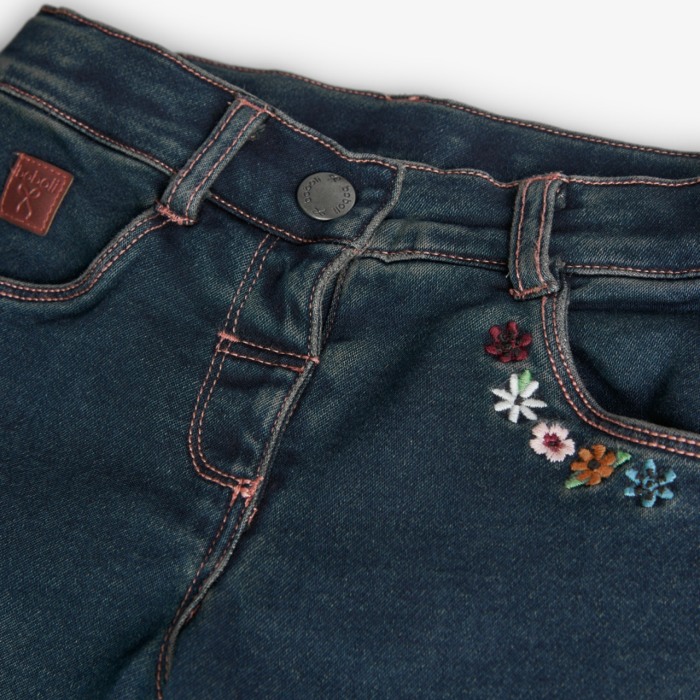 Blugi evazati fetita, broderie florala buzunare, dark denim, Boboli [4]
