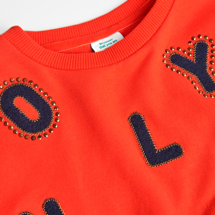Bluza fete bumbac, vatuita la interior, boderie text, orange, brand BOBOLI [3]