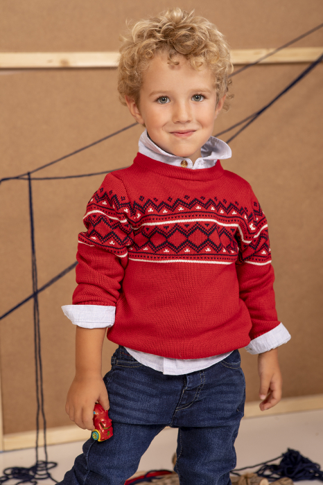 Compleu 2 piese bebe baiat, pulover rosu+blugi denim, brand Babybol [2]