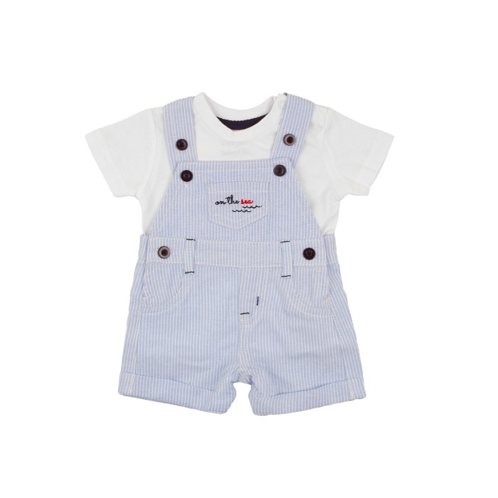 Compleu bebe 2 piese, tricou alb si salopeta cu dungi, bleu, Babybol [1]