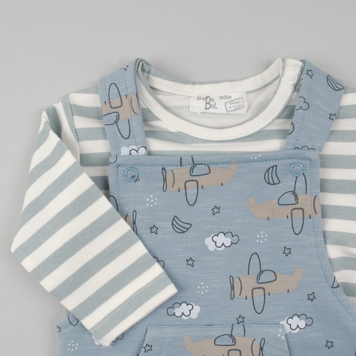 Compleu bebe baiat, bumbac oeko tex, salopeta imprimeu avioane, brand Babybol [3]