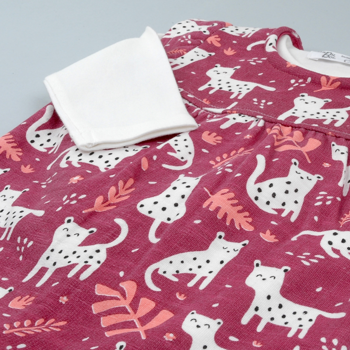 Compleu bebe bumbac, salopeta +tricou maneca lunga, imprimeu pisici, grena, brand Babybol [3]