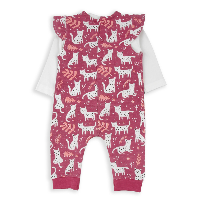 Compleu bebe bumbac, salopeta +tricou maneca lunga, imprimeu pisici, grena, brand Babybol [2]