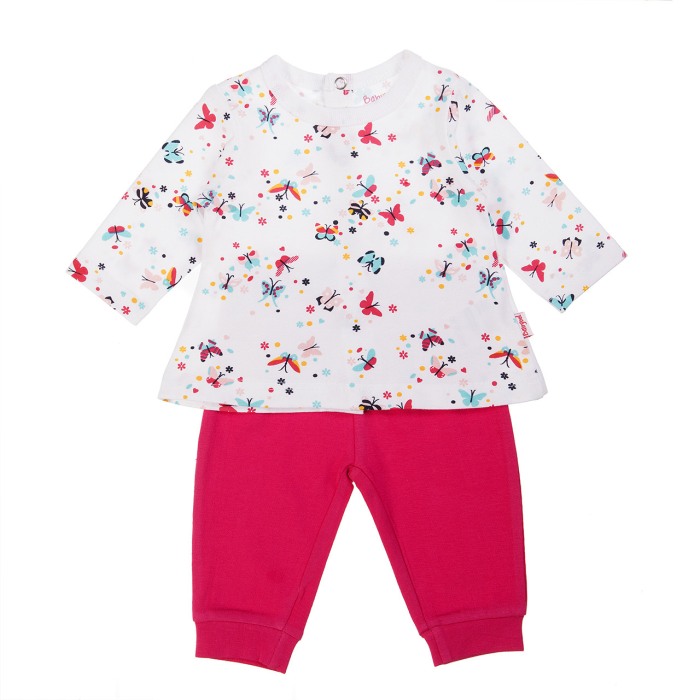 Costumas bebe fetita , tricou imprimeu fluturi multicolori si pantaloni roz, Babybol [1]