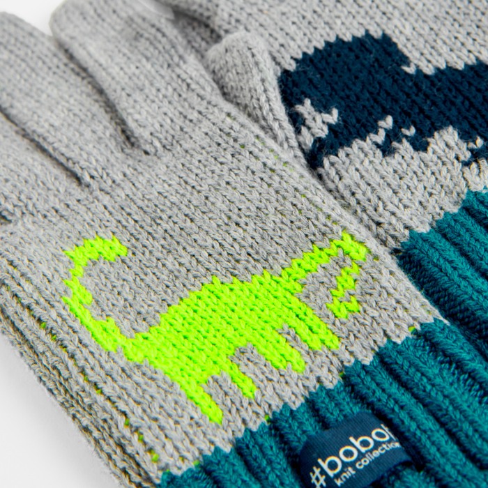 Manusi tricot baieti cu degete, imprimeu dinozauri, gri, Boboli [2]