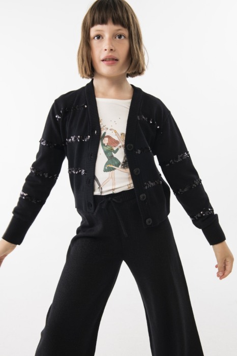 Pantaloni fete tricot, model larg, negru cu insertii fine lurex, brand Boboli [1]