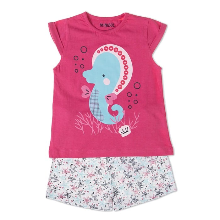 Pijama fete maneca scurta, imprimeu calut de mare, ciclam, Babybol [1]