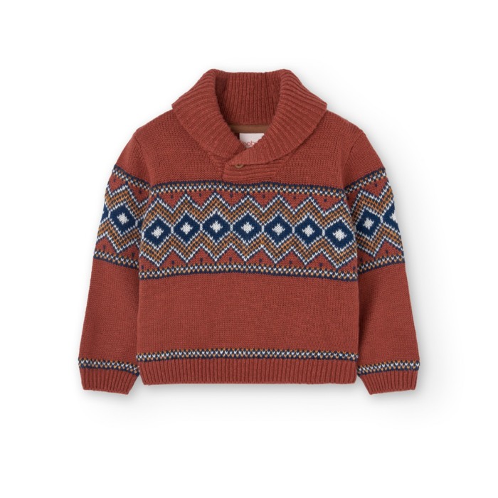 Pulover tricot baieti 1-8 ani, guler anchior, maro cu model, Boboli [1]