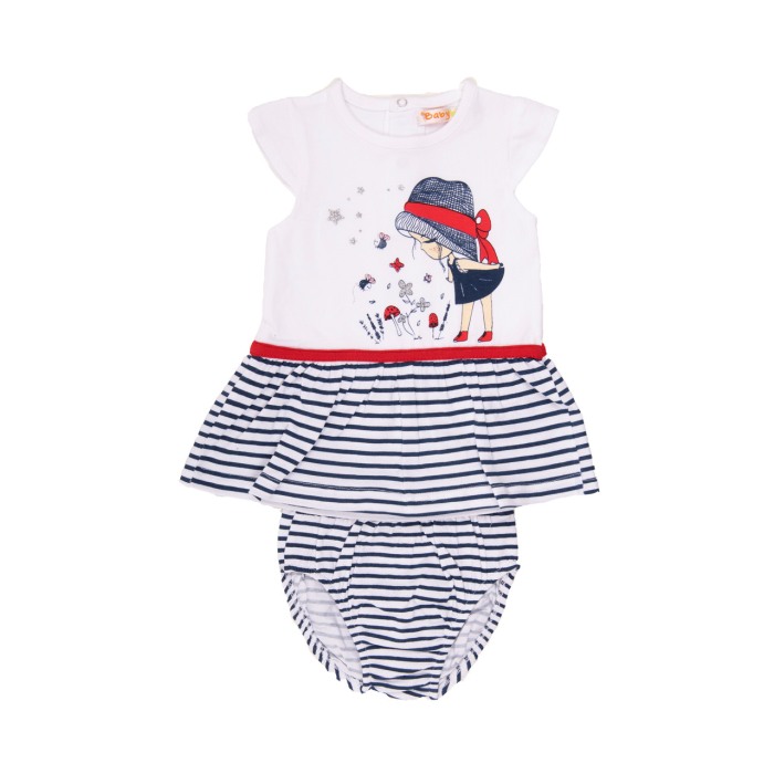 Rochie bumbac cu chilot bebe fetita, dungi navy, imprimeu fetita, Babybol [1]