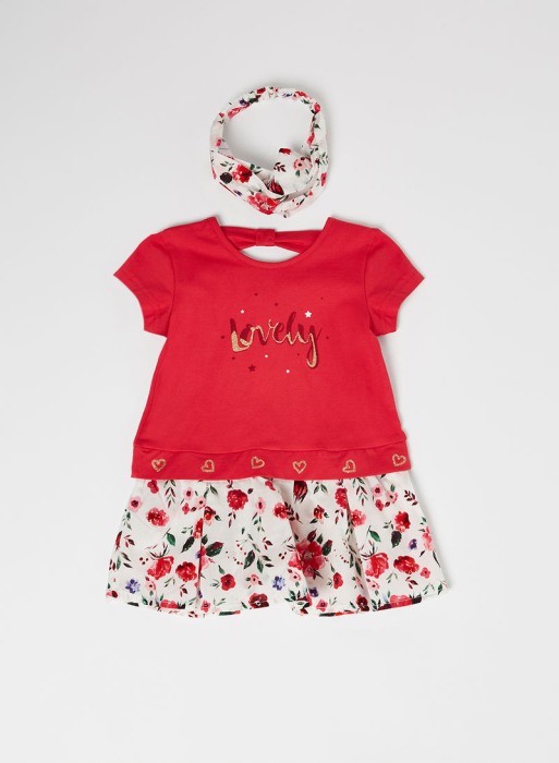 Rochie bumbac fete cu fusta inflorata si bandana, fucsia, Babybol [1]