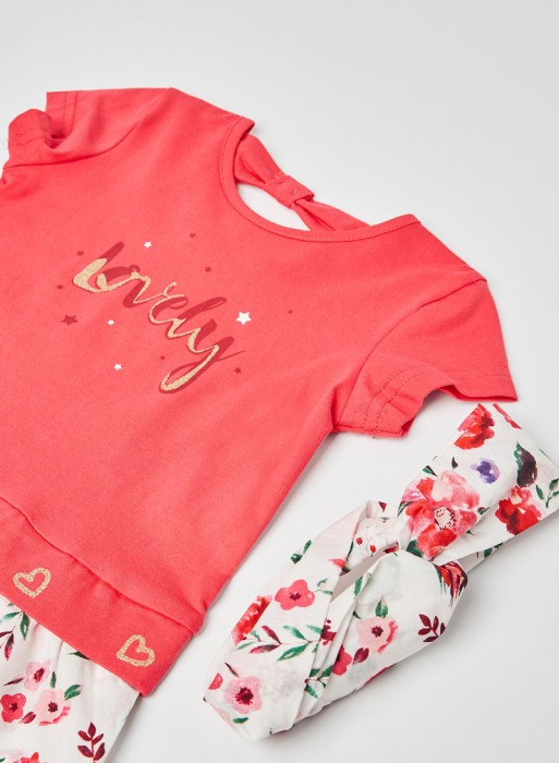 Rochie bumbac fete cu fusta inflorata si bandana, fucsia, Babybol [2]