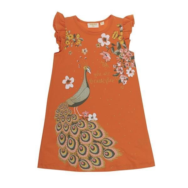 Rochie bumbac fete, maneca scurta, imprimeu paun, portocoliu, UBS2 [1]