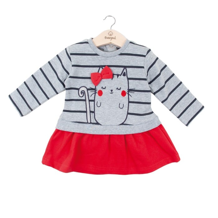 Rochie bumbac fete, vatuita, broderie pisicuta, gri/rosu, Babybol [1]