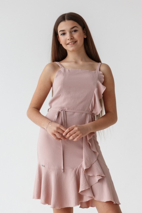 Rochie cu bretele fete 11-14ani , volanas si cordon in talie, roz prafuit [1]