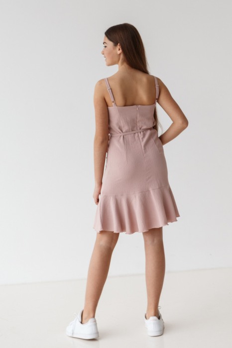 Rochie cu bretele fete 11-14ani , volanas si cordon in talie, roz prafuit [3]