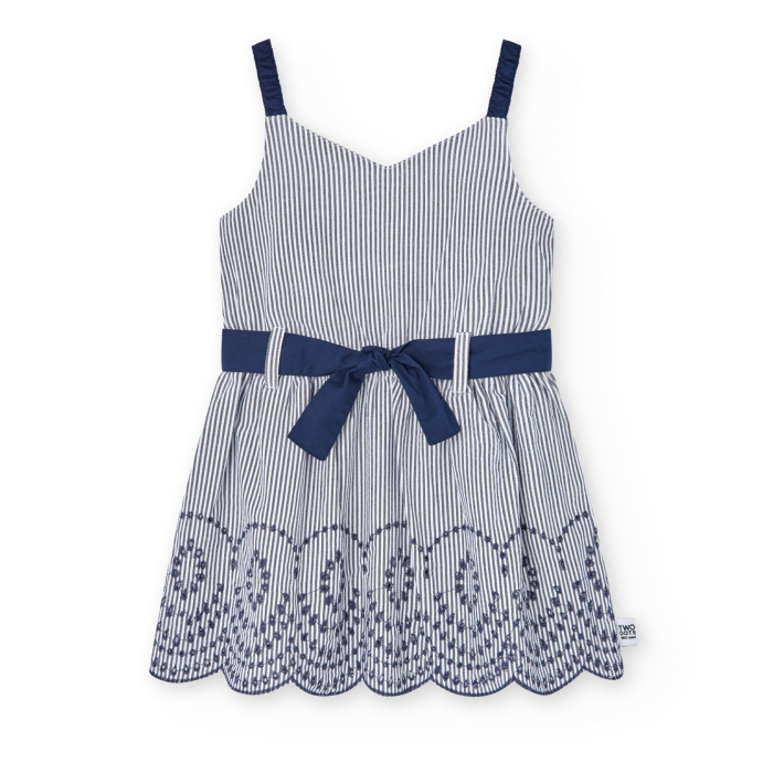 Rochie cu bretele fete, bumbac, broderie, cordon talie, dungi navy, brand Boboli [1]