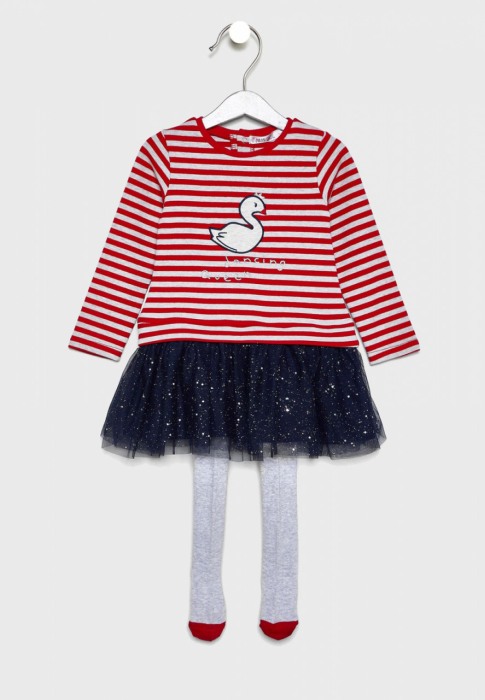 Rochie cu tulle , dres inclus, dungi rosii, Babybol [1]