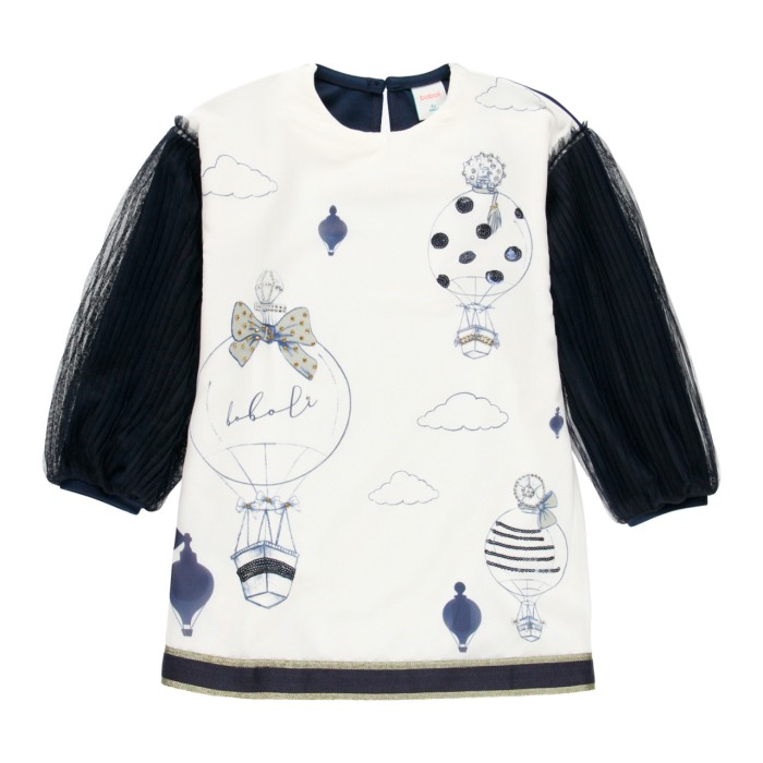 Rochie fete cu maneci bufante plisee, tulle, bleumarin, Boboli [1]