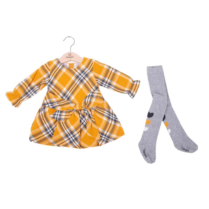 Rochie fete stofa carouri cu funda si ciorapi asortati, galbena, brand Babybol [1]