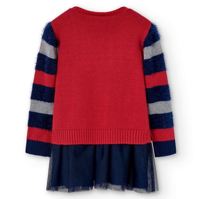 Rochie fete tricot rosie cu fusta tulle navy, coroana cu strasuri, Boboli [2]