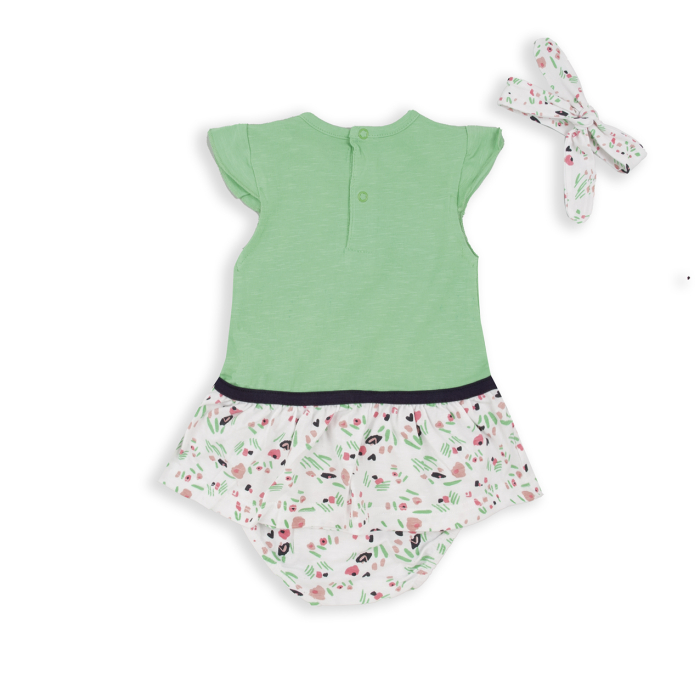 Rochie fetite bumbac, maneca scurta, bandana par, verde, brand Babybol [2]