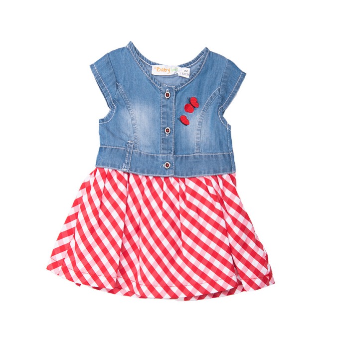 Rochie fetite denim cu maneca scurta, fusta carouri, Babybol [1]