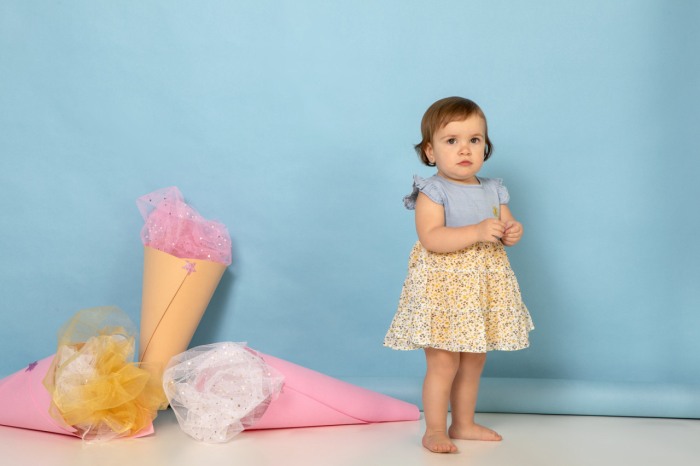 Rochie fetite jeans cu fusta inflorata, Babybol [1]