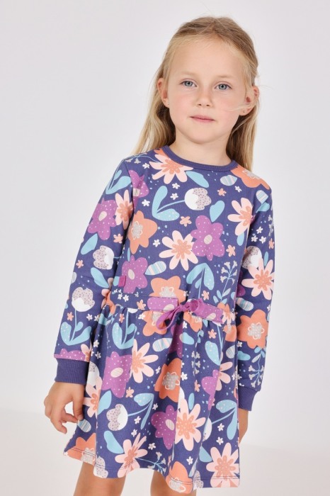 Rochie fetite maneca lunga, bumbac better cotton, imprimeu floral mov, brand Boboli [1]