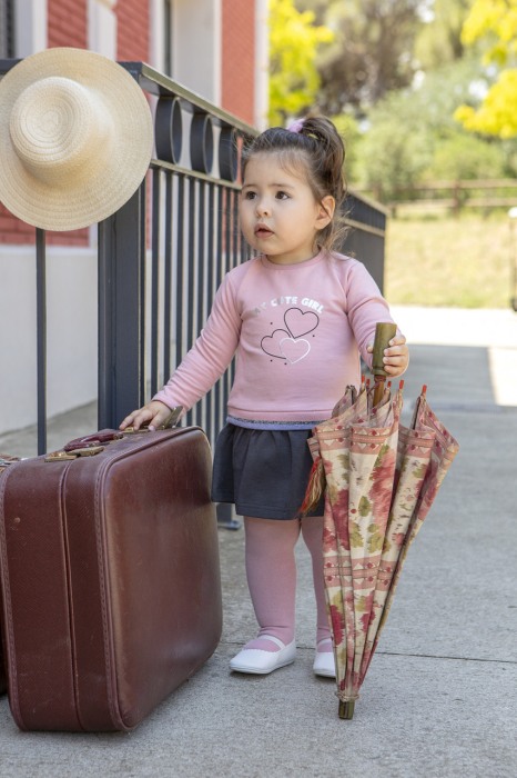 Rochie maneca lunga bumbac, roz cu fusta gri, Babybol [1]