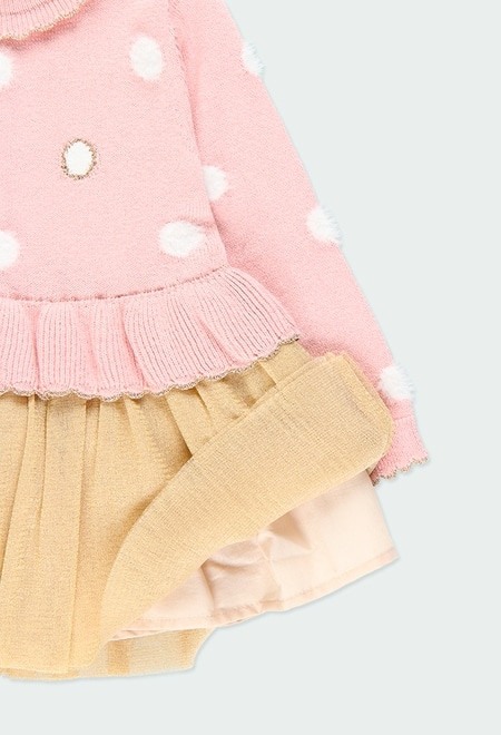 Rochie tricot Chic cu fusta tulle aurie, roz cu buline, Boboli [3]