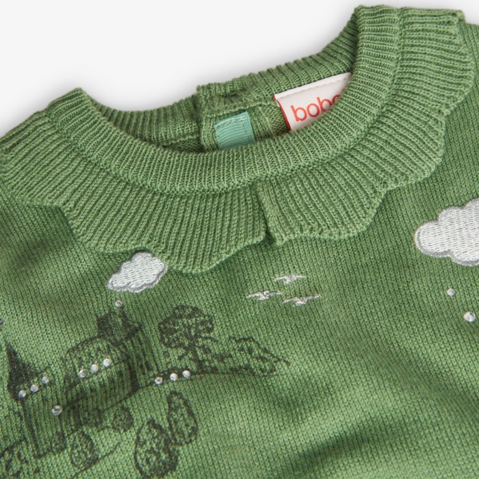 Rochie tricot fetite, broderie catel cu strasuri aplicate si perle, verde, Boboli [3]