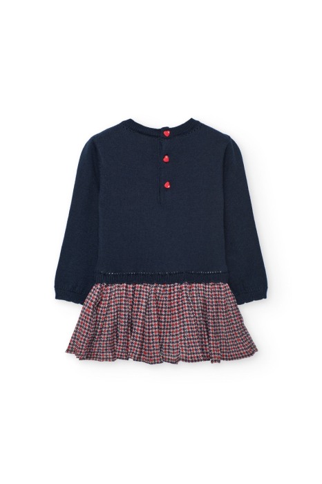 Rochie tricot fetite, broderie catel, fusta plisee carouri, bleumarin, brand Boboli [2]