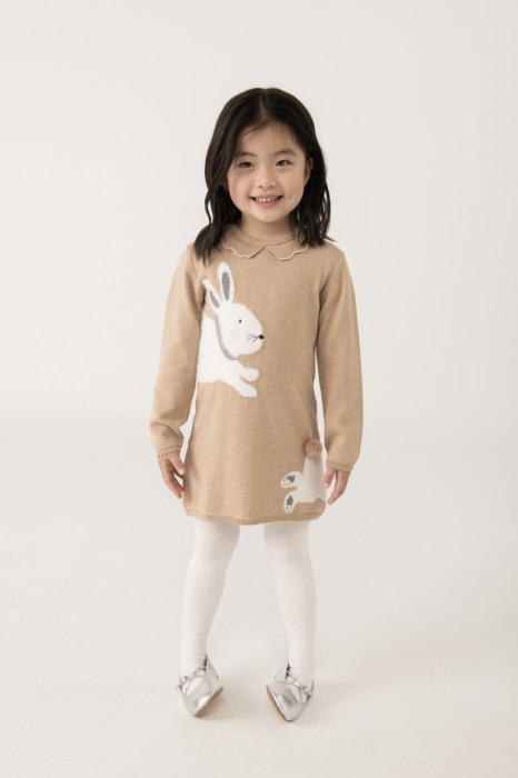 Rochie tricot fin fetite, gama CHIC, imprimeu iepurasi, bej, aplicatii strasuri, brand Boboli [1]