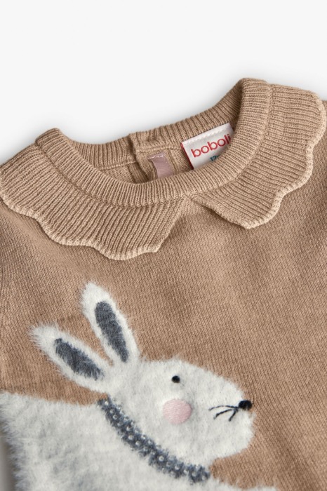 Rochie tricot fin fetite, gama CHIC, imprimeu iepurasi, bej, aplicatii strasuri, brand Boboli [5]