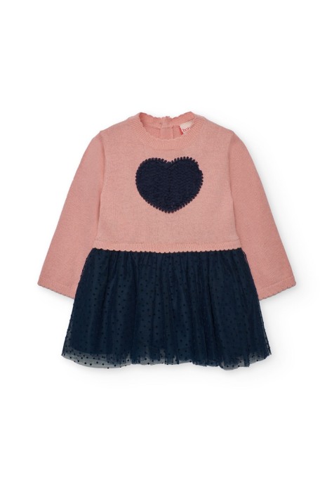 Rochie tricot fin fetite, gama CHIC, imprimeu inimioara, fusta tulle navy, roz, brand Boboli [1]