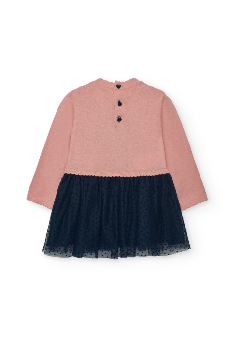 Rochie tricot fin fetite, gama CHIC, imprimeu inimioara, fusta tulle navy, roz, brand Boboli [2]