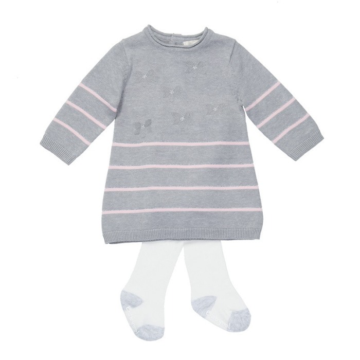 Rochie tricot maneca lunga, gri cu dungi roz Babybol [1]