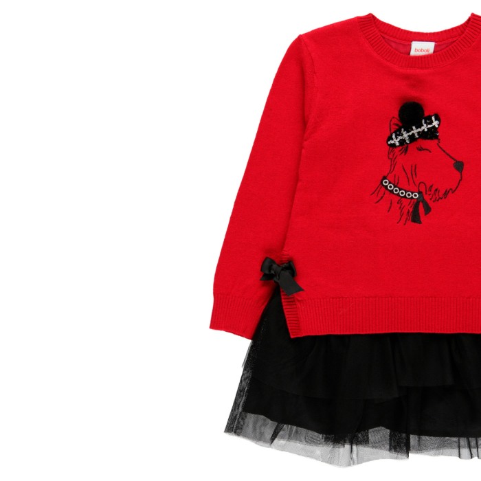 Rochie tricou cu fusta tulle neagra, broderie catel, rosie, Boboli [3]