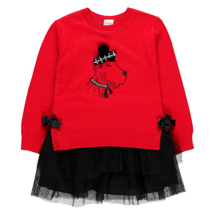 Rochie tricou cu fusta tulle neagra, broderie catel, rosie, Boboli [1]