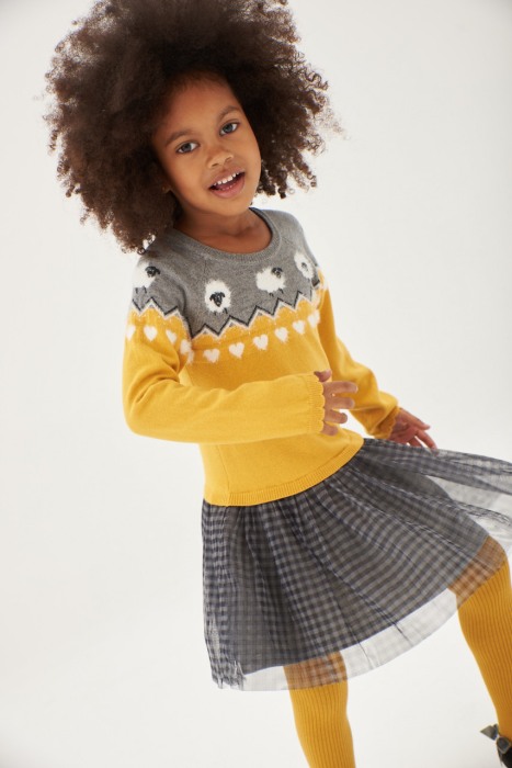 Rochita tricot cu fusta tulle gri, model oite, galbena, Boboli [7]