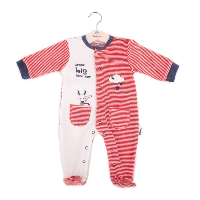 Salopeta bebe baiat catifea cu botosei, dungi rosii, Babybol [2]
