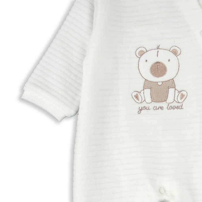 Salopeta bebe cu botosei, bumbac catifelat, broderie ursulet, ivoire, brand Babybol [3]