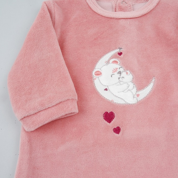 Salopeta bebe fetita cu botosei, bumbac catifelat, broderie ursulet pe luna, roz, Babybol [3]