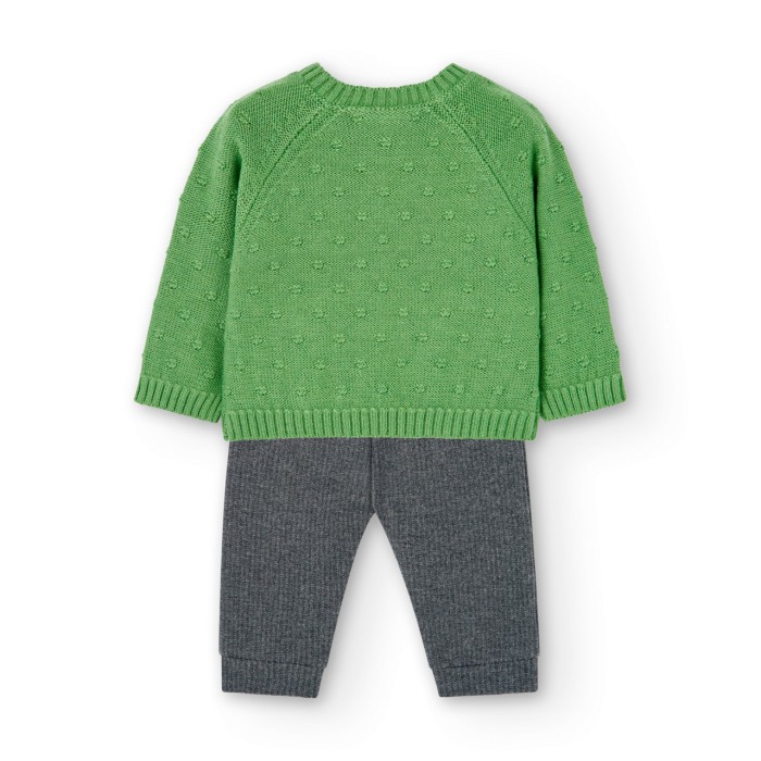 Set 2 piese baiat, pulover tricot verde cu pantalon gri, Boboli [2]