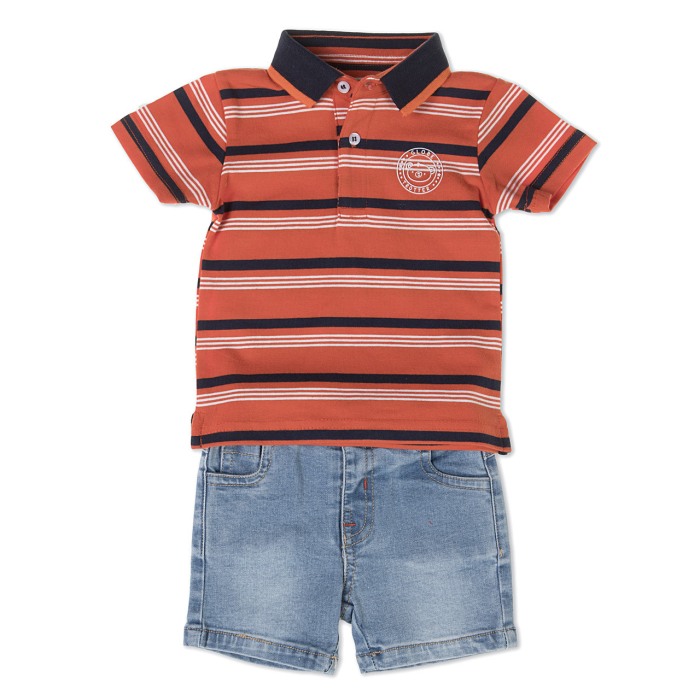 Set 2 piese bumbac baiat, tricou orange si blugi scurti, Babybol Barcelona [1]